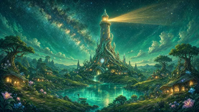 A glowing lighthouse on a hill under a starry emerald night sky